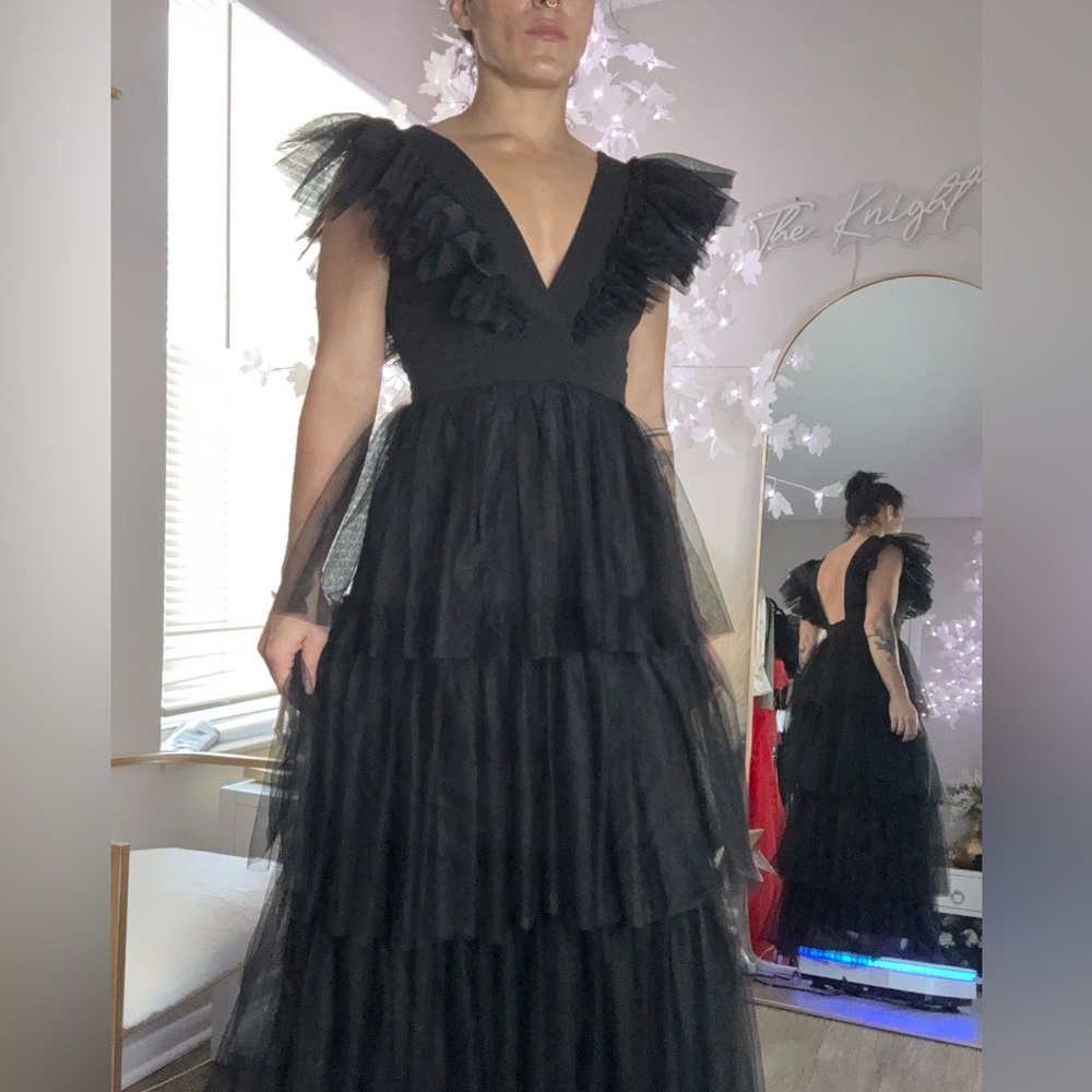 Wednesday Addams low cut ruffled black wedding gala gown dress